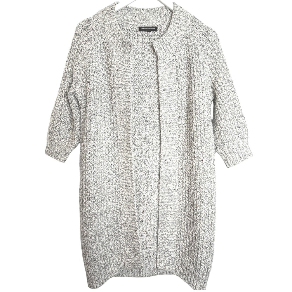 Chunky Knit Cardigan Express Design Studio M Gray‎ Metallic Long Open Front